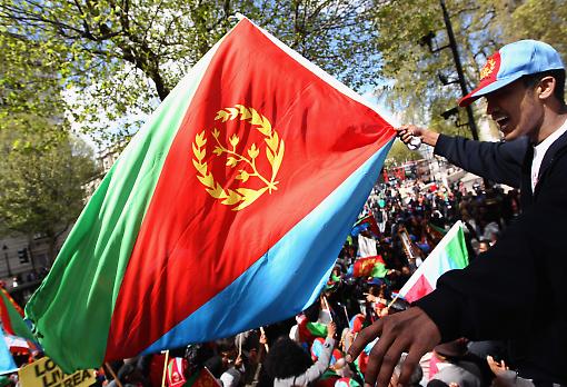 An Eritrean demonstrator waves his national flag. Photograph: Getty Images.